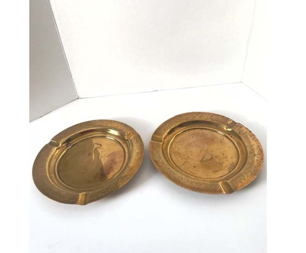 Vintage Pair Solid Brass Round Ashtrays Mid Century Modern Tobaccoriana Catchall